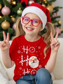 SHEIN Happikins Christmas Celebration, Santa Claus "HO HO HO" Cartoon Face Print Casual Crew Neck Short Sleeve T-Shirt For Young Girls, Suitable For Daily Wear, Christmas, New Year, Street Style, Home, Holiday, School Performance - Multicolor - View 4