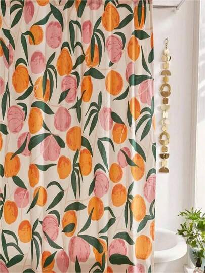 SHEIN Basic living 1Pc Cartoon Peach Pattern Shower Curtain, Waterproof Polyester Fabric Shower Curtain With 12 Hooks, Machine Washable, 72" W X 72" H, Bathroom Decoration, Bathroom Accessories Fall Decor Back To School