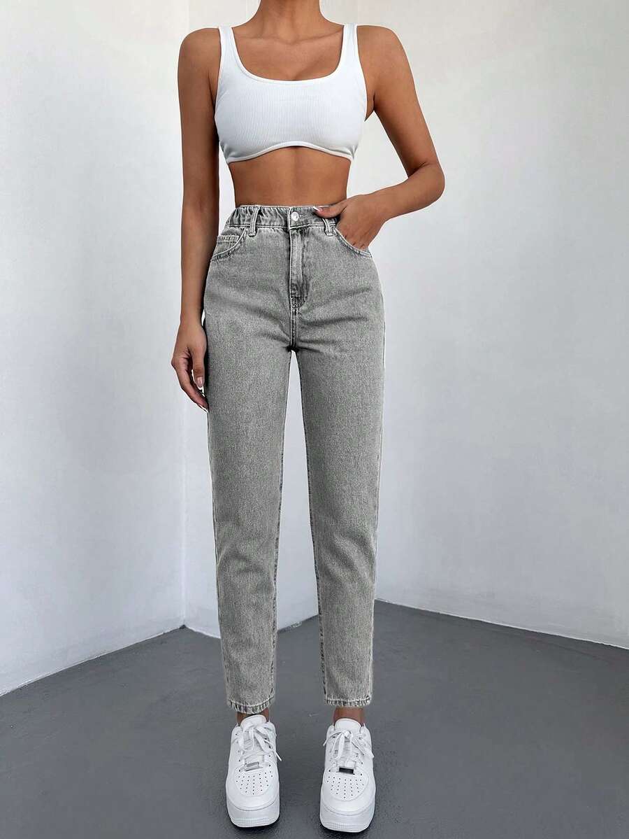 SHEIN Cottnline 高腰直筒牛仔褲 - 灰色 - 查看 1