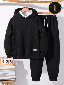 SHEIN Conjunto de 2 peças de moletom com capuz solto e calça de moletom com cordão para meninos adolescentes, casual, para o dia a dia, confortável, com letras, patch, conjunto de agasalho de malha - Preto - Ver 5