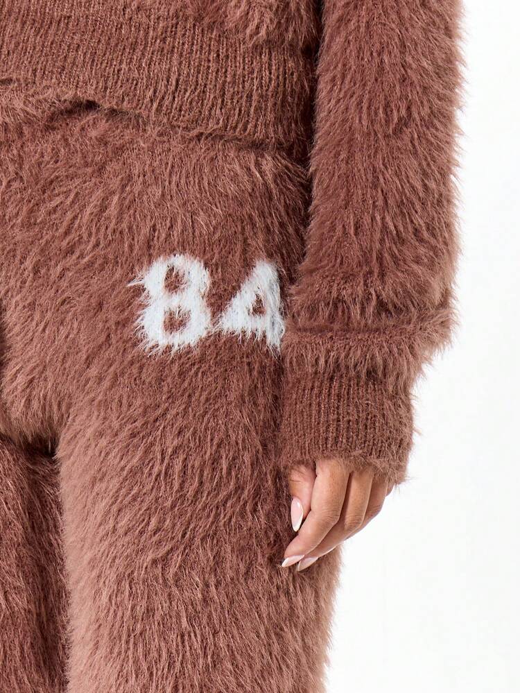 SUMWON Fluffy Knit Flared Joggers For Women High Waisted Bell Bottom Sweatpants With Letter Print Cozy Winter Loungewear