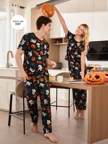 CoupledUp Halloween Pumpkin & Letter Print Crew Neck Short Sleeve Top And Pants 2 Pieces Pajama Set - Multicolor - View 6