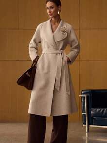 MOTF PREMIUM WOOL WATERFALL COLLAR BELTED OVERCOAT - Beige - View 7