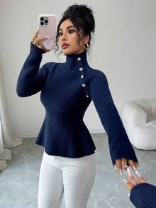 SHEIN Elenzya 女士优雅通勤蓝色金属纽扣高领双面肩袖腰部修身针织毛衣，秋冬 - 藍色 - 查看 4