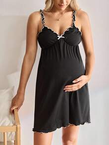 Moonlight&Mama Casual Basic Fashion Bowknot Decor Ruffle Trim Maternity & Nursing Nightgown - Black - View 5