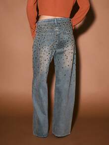 KIZN 女式金属孔眼铆钉直筒高腰阔腿牛仔裤 - 深色水洗藍 - 查看 2