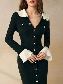 Cévolie 女式秋季拼色翻领喇叭袖单排扣修身优雅法式连衣裙 - 黑色 - 查看 3