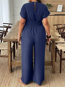 SHEIN PETITE CURVE Plus Size Solid Color Shirred Jumpsuit, Casual & Versatile Short Sleeve