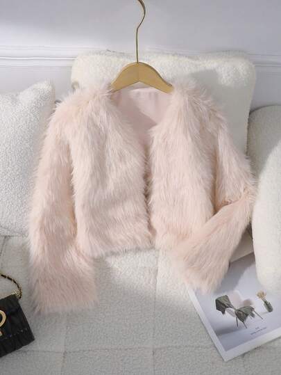 SHEIN Sparklyn Girls Casual Faux Fur Jacket, Cute & Fashionable Style, White Fluffy Comfortable, Suitable For Spring, Summer, Autumn, Ideal For Outings, Shopping, Parties