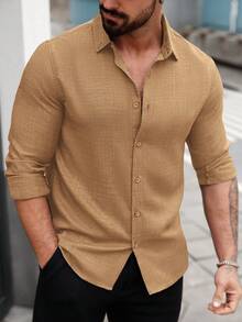 Manfinity CasualCool 男士休闲基础款纯色长袖条纹衬衫，男士纽扣衬衫，米色衬衫，男士休闲衬衫，新款男士秋冬畅销款，百搭纯色酒红色衬衫，棕褐色男士衬衫 - 卡其色 - 查看 4