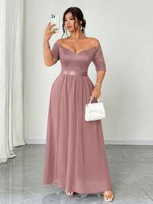 Elenzga Váy dự tiệc lãng mạn thanh lịch cỡ lớn dành cho nữ, váy maxi dài tay ngắn trễ vai bằng vải voan chắp vá ren - Hồng - Xem 6