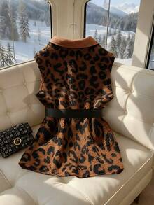 GlowEve 棕色豹纹绒面绒时尚马甲外套，适合下午茶日常休闲办公室时尚外出派对优雅婚礼万圣节圣诞节新年秋冬标准尺码服装 - 彩色 - 查看 2