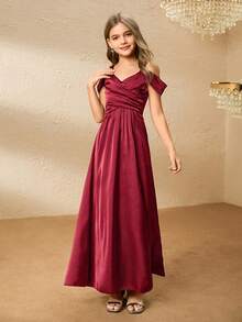 少女缎面露肩 A 字裙，带荷叶边袖，优雅花童礼服，适合婚礼、舞会、生日派对、万圣节、圣诞节 - 酒紅色 - 查看 4