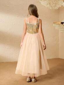 女童亮片吊带长裙，公主裙，适合派对、婚礼、钢琴演奏会、选美比赛，大童 - 香檳色 - 查看 2