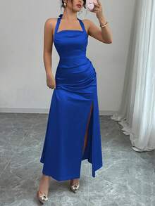 Rafferiza Elegant Champagne Color Bodycon Cami Elastic Satin Thigh High Slit Dress - Royal Blue - View 7