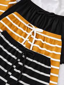 SHEIN 3件套女士休闲条纹短袖短裤睡衣套装 - 彩色 - 查看 6