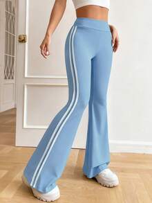 SHEIN Teens Girls' Casual Striped Green Pants, American School Style Teen Clothes Pants