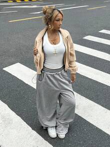 SHEIN Áo khoác lông cừu cổ đứng thoải mái, tối giản, rộng rãi, phù hợp cho thanh thiếu niên, mùa thu/đông - Màu be - Xem 4