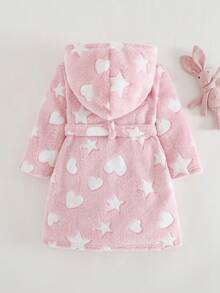 Cozy Pixies 女婴保暖连帽长袖系腰长袍，带星星和月亮图案，厚实保暖，适合冬季，粉色