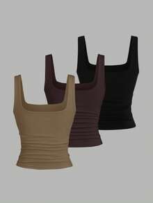 Sweetra Áo ba lỗ cổ vuông xếp ly đơn sắc đa năng cho nữ - Nhiều màu - Xem 2