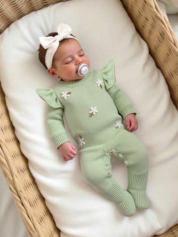 SHEIN Tutina neonata con ricamo floreale a maglia, tuta con maniche lunghe e polsini con volant, comoda per l'autunno/inverno, adatta per uso quotidiano, uscite, viaggi, neonati e asili