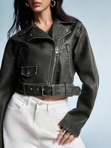 GENKIRA 女士时尚拉链腰带短款机车夹克 - 黑色 - 查看 5