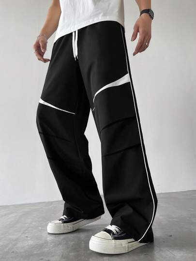 Manfinity Hypemode 男士伞兵裤，褶皱设计，直筒宽松休闲裤，带侧带，百搭街头服饰，日常穿着舒适，男女通用，适合所有季节，阔腿侧条纹裤，黑色裤子，白色条纹，男士宽松宽裤，男士宽松裤，街头潮流裤，秋季