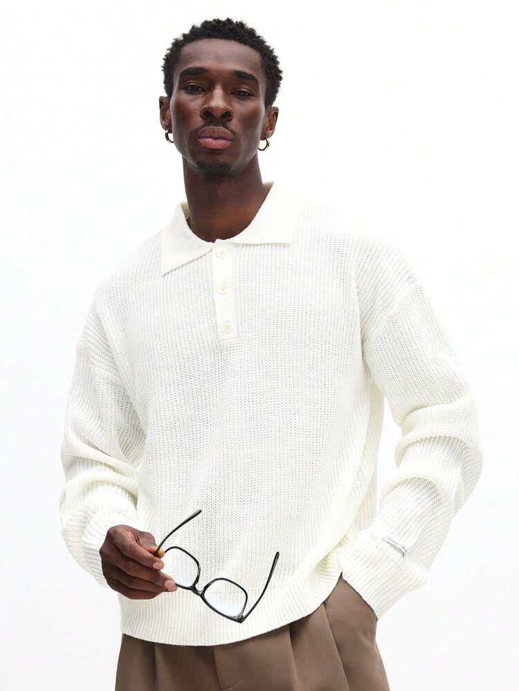 SUMWON Pull-over homme tricoté à manches longues, col polo, boutonnage devant, coupe régulière, côtes, pour l'hiver et l'automne, style casual uni