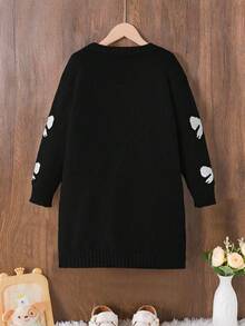 SHEIN 1pc Girls' Sweater Dress, Cute Style, Black Bow Jacquard Pattern, Round Neck, Regular Sleeve, Cuff & Hem Cinched, Regular Thickness, Elegant Knit Dress In Ivory, Intellectual & Flattering Slim Fit, Suitable For Spring, Autumn & Winter Bow Clothes Bows On Clothes Black Sweater With White Bow Print Sweater K Pop Sweater With Bows Black And White Sweater Sumwon Wednesday Addams - Black - View 2