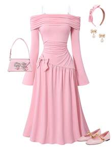 Teen Girl Off Shoulder Ruched Waist Dress, French Bow Decor Flare Sleeve Dress - Pink - View 9