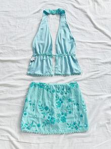 Soleia 新款休闲度假西部海滩婚礼宾客礼服毕业早午餐女装，适合圣帕特里克节、春假、复活节、音乐节等场合，优雅波西米亚热带风情露背两件套 - 藍色 - 查看 2