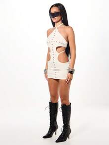 SUMWON WOMEN Cream Jersey Halterneck Eyelet Mini Dress With Cut-Out Details For Summer Party Nightclub Festival Occasions - White - View 6