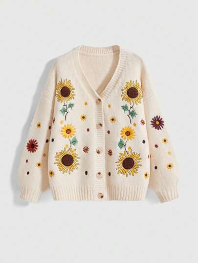 Fairycore Nature-Inspired Sunflower Embroidered V-Neck Knit Cardigan