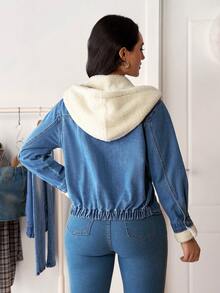 Flexra 女士休闲时尚街头拼布泰迪羊毛连帽牛仔夹克，秋冬 - 淺色水洗藍 - 查看 2