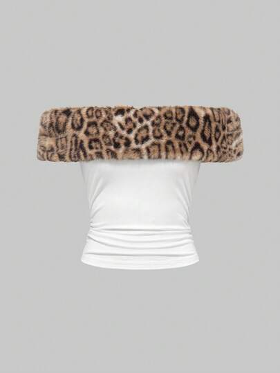 Grunge Punk Y2K Sexy Leopard Print Fur Collar Off Shoulder Top