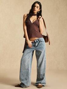 Easelle Áo hở lưng chấm bi màu cà phê cho nữ - màu nâu - Xem 4