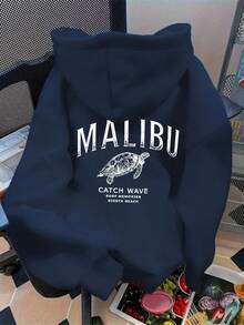 EMERY ROSE Plus Size Women's 'MALIBU' Letter & Sea TurtlePrint Hot Selling Draw Rope Sweatshirt - Navy Blue - View 3