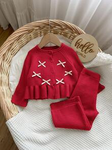SHEIN Baby Girl Round Neck Raglan Sleeve Ruffle Trim Bowknot Decor Sweater Set Autumn Winter Clothes For Women Cherry Toddler Outfit Red Baby Outfits Baby Girl Sweaters Set Two Piece Winter Outfits For Toddler Girl Knit Two Piece Toddler - Red - View 3