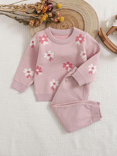 2 件套女婴针织套装，粉色花卉提花长袖毛衣上衣 + 裤子，适合居家、休闲外出和旅行