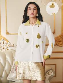 Penseblé Blusa de manga larga con botones y lentejuelas de color contrastante para mujer - Blanco - Ver 1