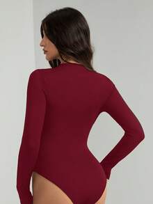 SHEIN Tall 女款純色極簡日常圓領長袖連身衣，秋季 - 酒紅色 - 查看 3