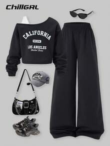 SHEIN 2pcs/Set Tween Girls ME Loose Design Asymmetric Shoulder Colorblock Print Long Sleeve Top And Wide Leg Pants Set, Casual For Daily, Commute, Vacation, Hangout, Street Style, Autumn/Winter