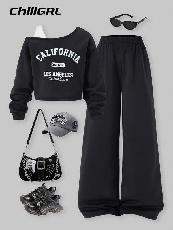 SHEIN 2pcs/Set Tween Girls ME Loose Design Asymmetric Shoulder Colorblock Print Long Sleeve Top And Wide Leg Pants Set, Casual For Daily, Commute, Vacation, Hangout, Street Style, Autumn/Winter