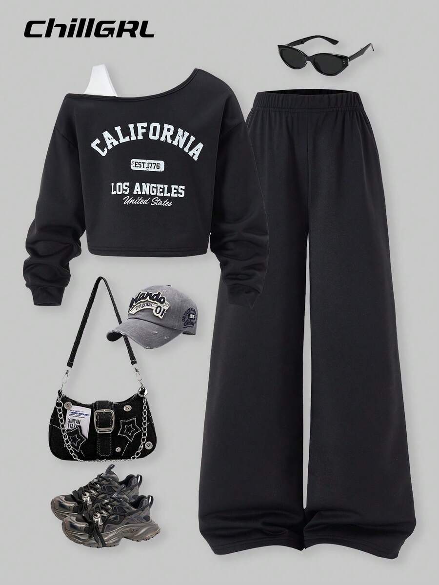 SHEIN 2pcs/Set Tween Girls ME Loose Design Asymmetric Shoulder Colorblock Print Long Sleeve Top And Wide Leg Pants Set, Casual For Daily, Commute, Vacation, Hangout, Street Style, Autumn/Winter