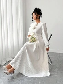 Elenzga Plus Size Women Elegant White Silky Midi Dress For Civil Wedding Bride,Autumn Textured Lace Lantern Sleeve Round Neck With 3D Floral Decor At Chest - White - View 7
