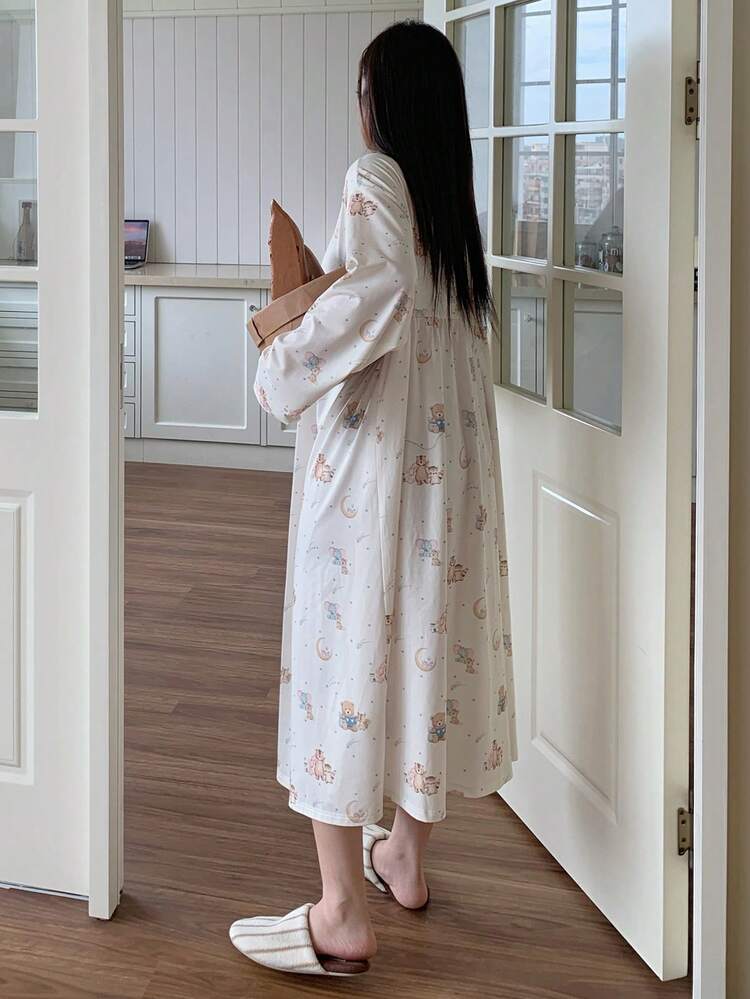 Dazy Plus Plus Size Cute Cartoon Bear Pattern Loose Long Sleeve Casual Nightgown, Winter, Moo Moo Night Dress