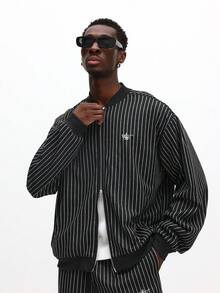 SUMWON Premium Tailored Pinstripe Co-Ord Set Bomber Jacket Track Pants Matching Athleisure Urban Streetwear Fall Winter - Black - View 3