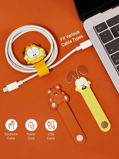 GARFIELD | SHEIN Clip de almacenamiento de cable de datos de dibujos animados, clip organizador de cable de carga de auriculares de viaje, organizador de cable enrollable multifuncional y lindo para el hogar, adecuado para diversos almacenamientos de cables