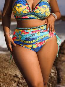 Swim Vcay 大码女式系带印花性感比基尼泳裤，适合海滩度假 - 彩色 - 查看 4