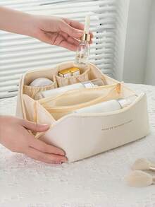 大容量分格化妆包，旅行化妆包，女士大容量化妆包，防水便携开口平铺洗漱包，带隔层和提手，化妆包，旅行洗漱包，大容量收纳包，奢华化妆包，便携式旅行洗漱套装（白色），波西米亚风 - 白色 - 查看 1